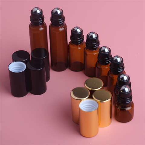 10 pièces 1ml 2ml 3ml 5ml 10ml ambre verre mince rouleau sur bouteille échantillon Test flacons de parfum d'huile essentielle avec boule en métal noir rouleau ► Photo 1/6