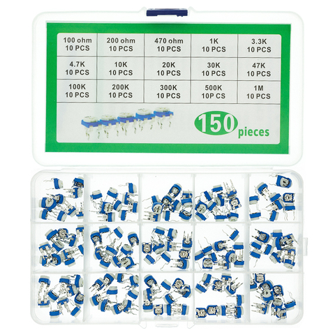 150 pièces/Kit RM065 potentiomètre d'ajustage résistances variables Kit assorti Kit de bricolage électronique 15 valeurs chacune 10 pièces avec boîte ► Photo 1/6