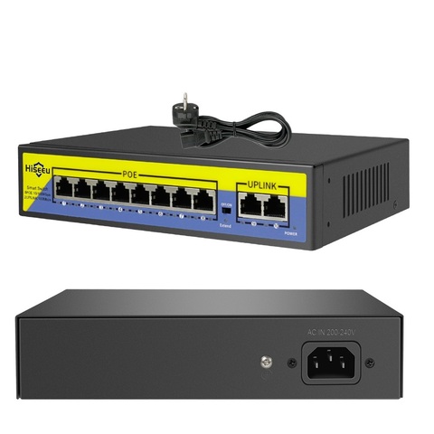 Commutateur POE 48V 8 Ports 2 liaison montante 10/100Mbps IEEE 802.3 af/at pour caméra IP/système de caméra de sécurité CCTV/AP sans fil ► Photo 1/6