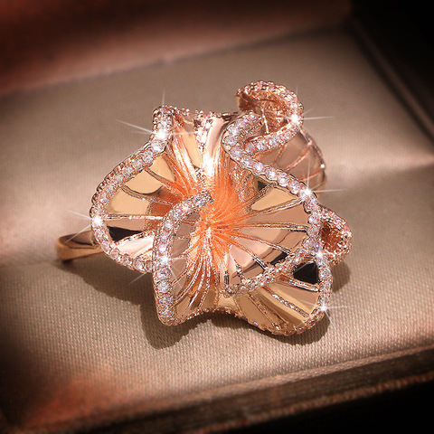 Élégant camélia fleur AAA Zircon anneaux de mariage pour les femmes de luxe or Rose couleur cristaux de fiançailles bague de mariée bijoux à la mode ► Photo 1/4