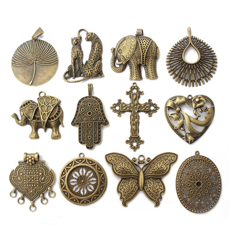 Pendentif Antique en Bronze, grande fleur papillon, éléphant, léopard, cœur, croix, breloques pour collier, fabrication de bijoux, 2 pièces ► Photo 1/6