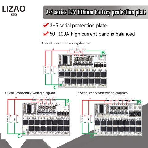 Circuit de Protection de batterie au Lithium, carte de charge d'équilibre li-polymère, Bms 3S 4s 5s 12v 16.8V 21V 3.7V 100a Lmo ternaire ► Photo 1/6