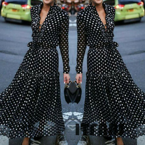 Robe coréenne noire à manches longues, robe à pois, Vintage automne et hiver, motif Floral, manches longues ► Photo 1/6