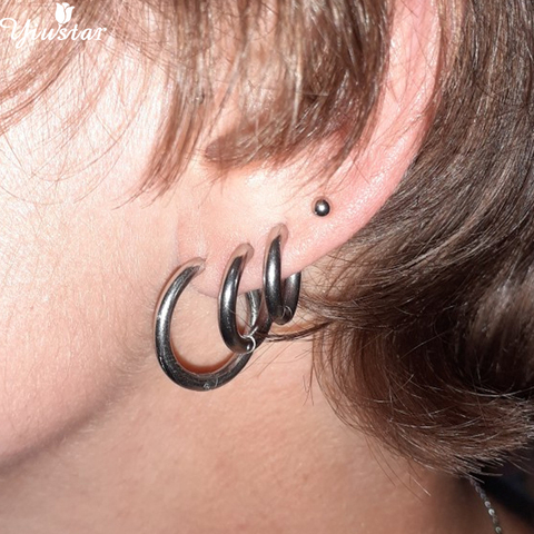 Plusieurs petits anneaux d'oreille ronds en acier inoxydable, Clip d'oreille, cerceau géométrique, boucles d'oreilles HUGGIE, cadeau pour femmes et hommes ► Photo 1/6