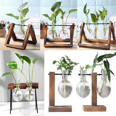 Vase en verre cadre Terrarium de table Vases pour plantes hydroponiques bonsaï Pot de fleur Transparent avec plateau en bois décor à la maison ► Photo 1/6