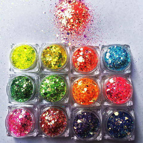 Paillettes pour Nail Art, 12 couleurs, 12Pots, paillettes épaisses, irisées, sirène, licorne Ultra-fine, hexagonales (8Styles) ► Photo 1/6