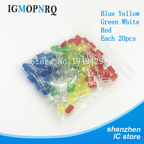 Kit de diodes lumineuses électroniques, 5mm, 100 pièces, blanc, jaune, rouge, vert, bleu, à monter soi-même ► Photo 1/2