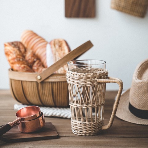 Rotin tissé eau tasse couverture verre Anti-brûlure porte-couvercle avec poignée Protection bouteille couvre isolation tasse ensemble ► Photo 1/6