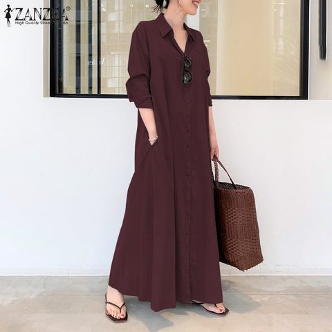 2022 ZANZEA femmes chemise robe automne revers cou à manches longues Maxi robe d'été élégant bureau travail solide longue Vestidos grande taille 5XL ► Photo 1/6