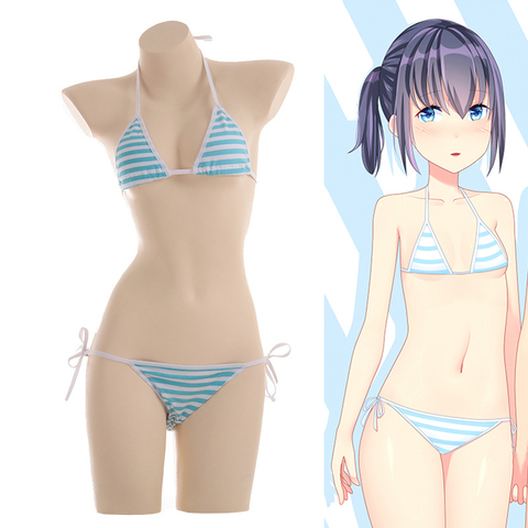 Maillot de bain pour femmes, dessin animé Miku, Kawaii, Mini Bikini, bleu, blanc, Micro rayé, ensemble deux pièces, cravate latérale, 2022 ► Photo 1/6