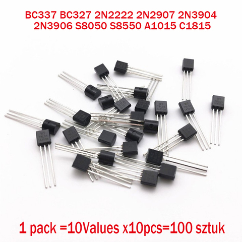 BC337 BC327 2N2222 2N2907 2N3904 2N3906 S8050 S8550 A1015 C1815 10 Valeurs x10pcs = 100 Transistors ensemble Pack Transistor kit (TO-92) ► Photo 1/2