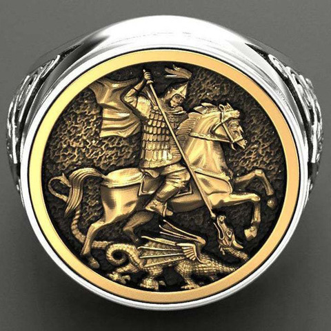 Bague Homme Boho souverain Portrait de St George couleur or argent anneaux Dragon de soldat romain pour hommes bijoux Viking Bague Homme ► Photo 1/5