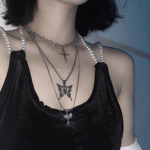 HUANZHI 2022 3 pièces/ensemble trois couches papillon croix ange pendentif chaîne en métal collier pour les femmes Punk Cool Guy bijoux ► Photo 1/6