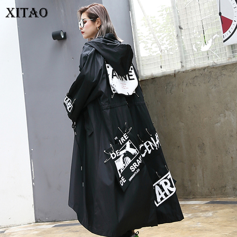 XITAO épissé grande taille Trench noir pour les femmes marée longue impression Streetwear à capuche décontracté femme large taille manteau 2022 ZLL1100 ► Photo 1/6