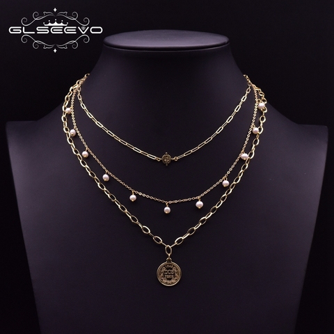 GLSEEVO-collier Boho, chaînes multicouches faites à la main pour femmes, étiquette pendentif en métal, bijoux eau douce, Ketting de perles, GN0217 ► Photo 1/4