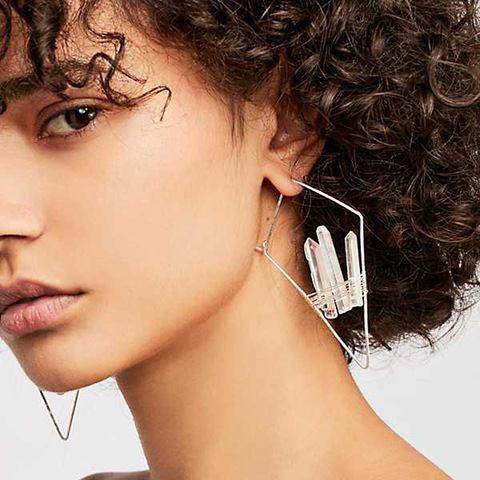 Boucle d'oreille en fil de cuivre rhombique géométrique plaqué or avec boucles d'oreilles en pierre de Quartz naturel pour femmes ► Photo 1/5