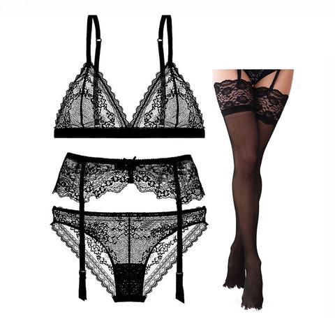 Sexy dentelle ultra mince confortable sans fil ensemble de sous-vêtements femmes fille respirant lingerie soutien-gorge + culotte + jarretière + bas 4 pièces ► Photo 1/6