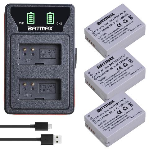 Lot de 3 batteries NB-10L NB 10l NB10L LED, avec double chargeur USB intégré, pour Canon SX40 HS SX40HS SX50 PowerShot SX40 HS SX50 HS SX60 HS ► Photo 1/6