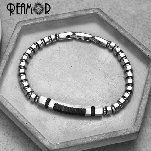 REAMOR-Bracelets pour hommes, nouveau Bracelet noir, mat, en acier inoxydable, couleur argent, en hématite naturelle, fermoir détachable ► Photo 1/6