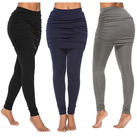 Faux legging deux pièces pour femmes, Pantalon Slim, Pantalon jupe plissée, sac de couleur unie, Pantalon latéral aux hanches ► Photo 1/6