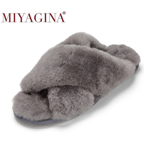 MIYAGINA 100% naturel en peau de mouton fourrure pantoufles mode femme hiver pantoufles femmes chaud intérieur pantoufles doux laine dame maison chaussures ► Photo 1/6