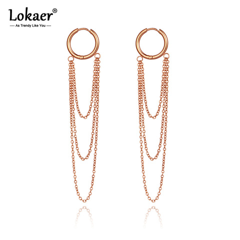 Lokaer Trendy Titanium Stainless Steel Chain Tassel Hoop Earrings Rose Gold Hiphop/Rock Charm Jewelry For Women Girls E20310 ► Photo 1/5