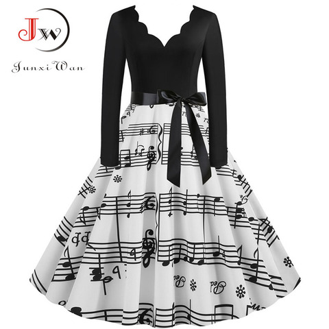 Femmes à manches longues hiver Vintage robes Sexy noir Note de musique imprimer col en v Rockabilly Pin up robe de soirée Vestidos grande taille ► Photo 1/6