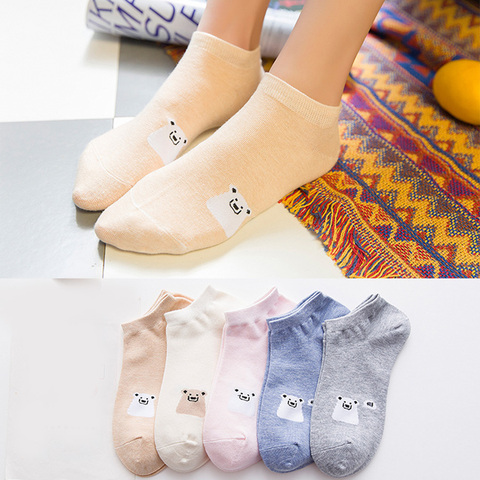 5 paires/lot femmes coton chaussettes courtes décontracté drôle mignon motif chat ours fruits mauvaises herbes rayure étoile lettre amour mince cheville chaussette ► Photo 1/6