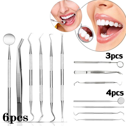 Miroir dentaire en acier inoxydable, 6 pièce/ensemble outils préparés par le dentiste, sonde, Kit de soins dentaires, Instrument pincette, houe, détartreur de faucille ► Photo 1/6