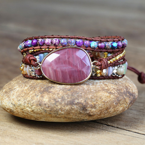 Bracelet enroulé en cuir, 3 brins, pierre naturelle, multicolore, perles bohème, tissage cristal, cadeaux ► Photo 1/6