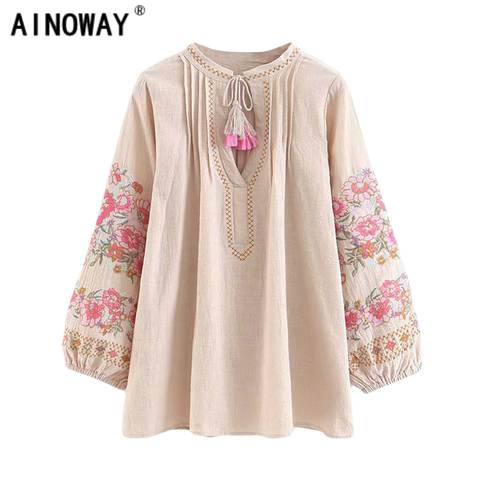 Blouse en coton, style bohème, motif floral, broderie, lin, manches évasées, ample, style Boho, printemps ► Photo 1/6