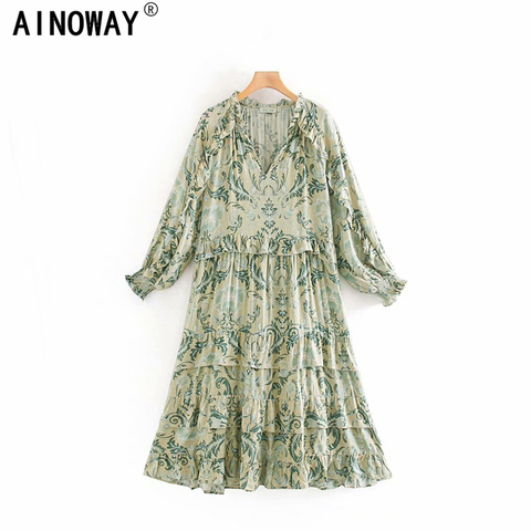 Robe Vintage chic pour femmes, imprimé Floral, manches chauve-souris, bohémien, plissée, maxi, col en V, à volants, été ► Photo 1/5