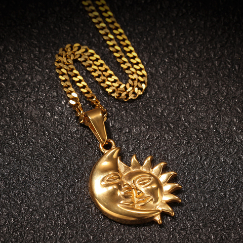 Pendentif en forme de lune et de soleil pour hommes, style Hip Hop, avec chaîne en corde, à la mode, populaire, collier, bijoux, cadeaux, nouvelle collection ► Photo 1/6