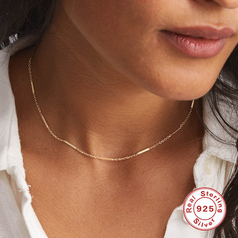 Aide 925 en argent Sterling or chaîne collier pour femmes Gilrs clavicule nu Simple chaîne collier ras du cou mode Fine bijoux ► Photo 1/6