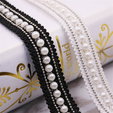 Ruban de dentelle avec perles blanc/noir, 1 yard/lot de ruban de dentelle avec perles blanches/noires, broderie de vêtement, matériaux de coiffure bricolage-même ► Photo 1/6