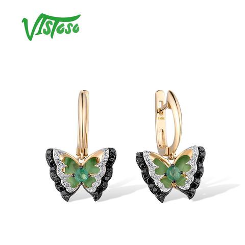 Boucles d'oreilles VISTOSO or pour femmes 14K 585 or jaune émeraude blanc noir diamant papillon cadeau d'anniversaire de mariage bijoux fins ► Photo 1/1