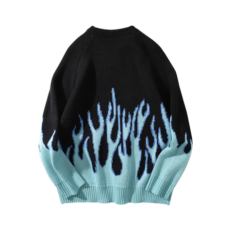 Chandail hommes Streetwear rétro flamme motif Hip Hop automne nouveau Pull sur Spandex col rond surdimensionné Couple décontracté hommes chandails ► Photo 1/5