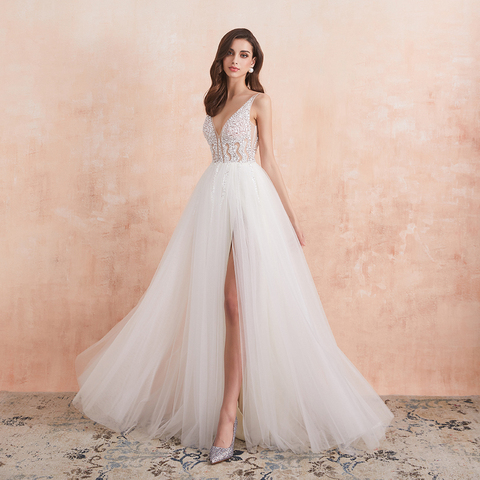 Robe De mariée Sexy, col en V, échancrures hautes, blanc, ivoire, perlage, cristal, ligne A, dos nu, robe De mariée ► Photo 1/6