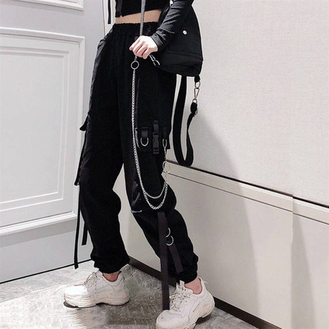 Pantalon Cargo femme boucle ruban poche survêtement taille élastique haut Streetwear Harajuku pantalon Punk anneau chaîne femmes pantalon ► Photo 1/6