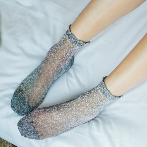 Femmes brillant chaussettes à la mode mode filles paillettes chaussettes courtes printemps été mince gaze Transparent dame Sox doux confortable ► Photo 1/6