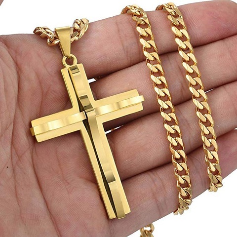 Collier avec pendentif en croix pour homme, chaîne cubaine en acier inoxydable, couleur noir, or, argent, bijoux Hip Hop ► Photo 1/6