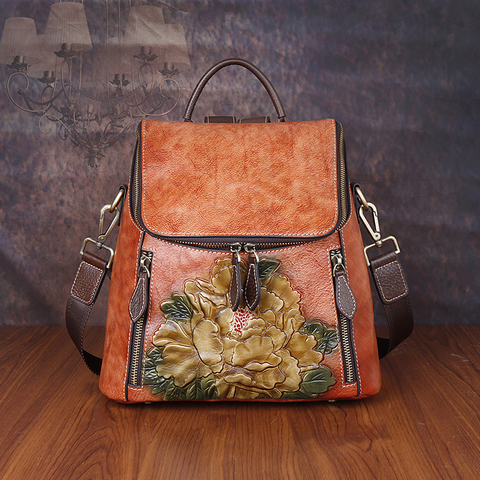 Sac à dos en cuir Floral véritable pour femmes, sac rétro de grande qualité de luxe, sacoche de voyage, nouvelle collection, 2022 ► Photo 1/6