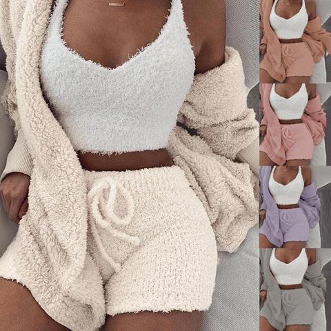 Sexy moelleux ensembles trois pièces velours peluche à capuche Cardigan manteau + Shorts + haut court femmes survêtement décontracté sport salopette sweat-shirt ► Photo 1/6