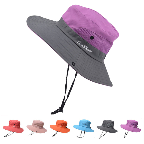 Chapeau de pêche soleil Protection UV UPF 50 + chapeau de soleil seau été hommes femmes grand Large bord Bob randonnée chapeau en plein air avec sangle de chaîne ► Photo 1/6