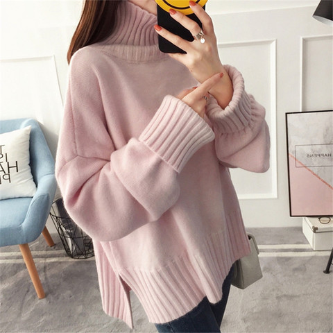 Pull tricoté à col montant et épais pour femme, haut ample, disponible en 3 couleurs, rouge, rose, automne et hiver ► Photo 1/6