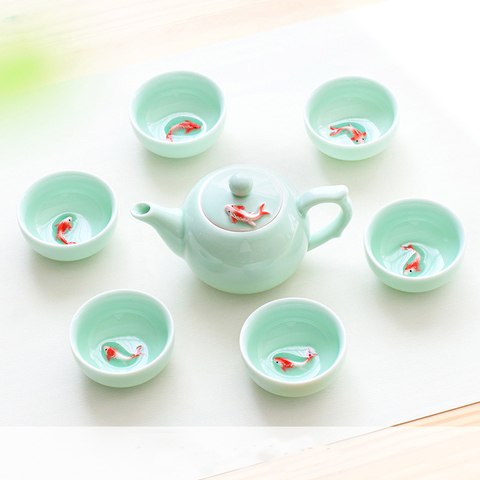 Ensemble de 6 pièces de tasses à thé Kung Fu en porcelaine avec poisson doré en céladon 3D, bol à thé de voyage en porcelaine émaillée craquelée ► Photo 1/6