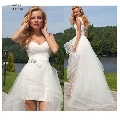 Robe de mariée en dentelle, tenue de princesse, pas chère, avec traîne amovible, sans manches, style Boho, jupe courte, de plage, Simple, grande taille, 2022 ► Photo 1/6