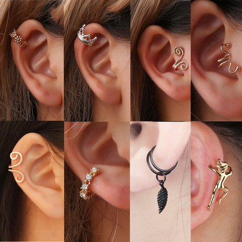 Boucles d'oreilles Vintage pour femmes, 1 pièces, couronne, feuille, fleur, oreille, manchette, Non percées, Clip, tendance Punk, petites boucles d'oreilles en cristal creux sculpté ► Photo 1/6