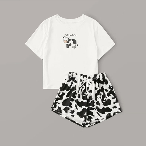 Pyjamas mignons pour femmes vache imprimer 2022 Pyjamas femmes à manches courtes vêtements de nuit dessin animé imprimé Pijamas femmes été maison vêtements ► Photo 1/6