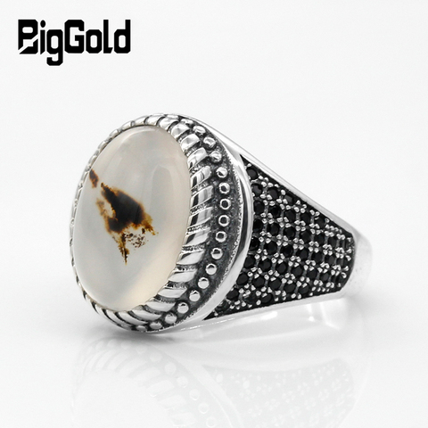 Hommes Agate bague en pierre 925 en argent Sterling avec grande bague en Onyx naturel Vintage Thai bague en argent pour hommes femmes bijoux turcs ► Photo 1/6